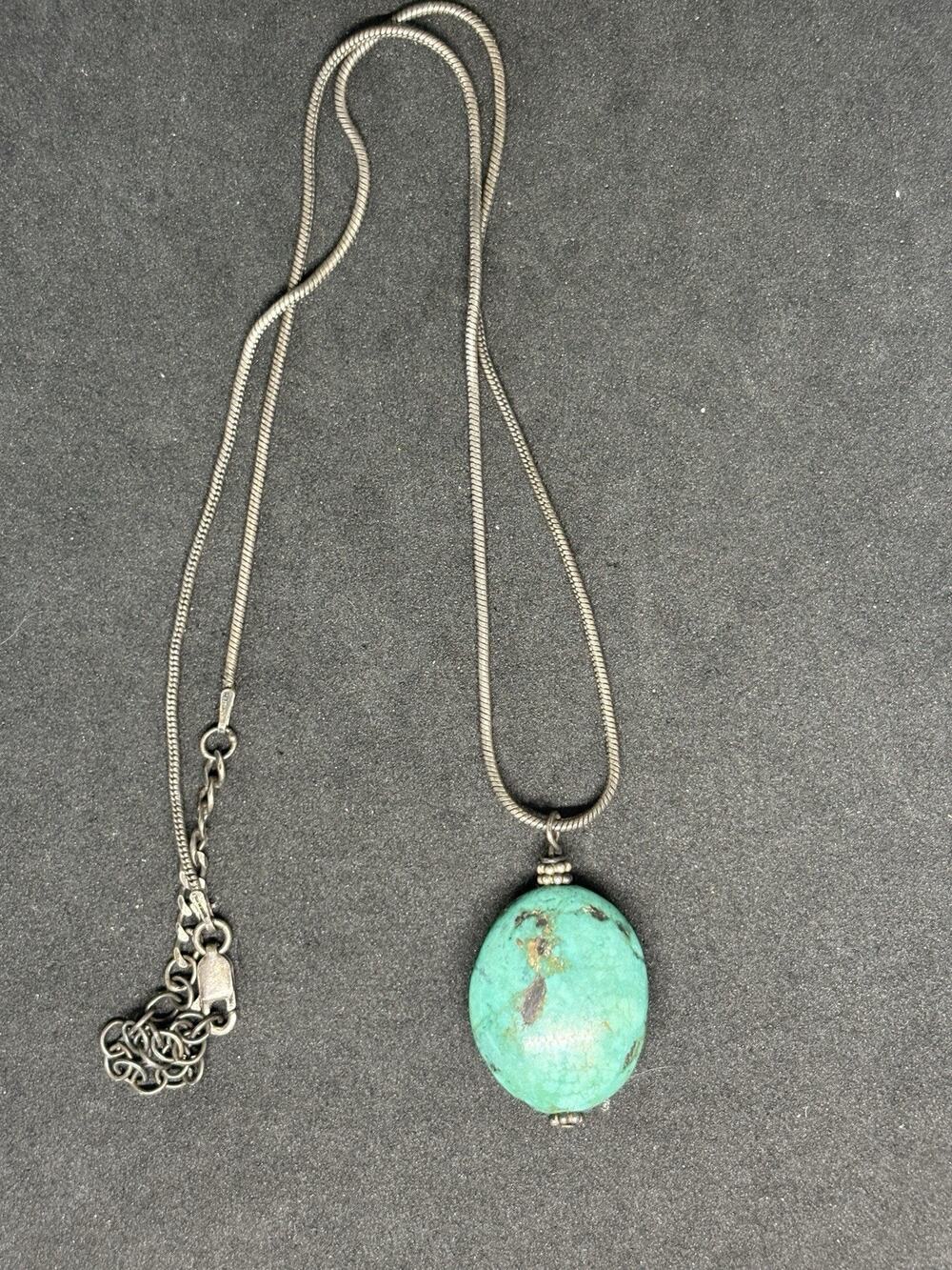 Sterling Silver 925 Turquoise Nugget Pendant Long Snake Chain Necklace 14.4g